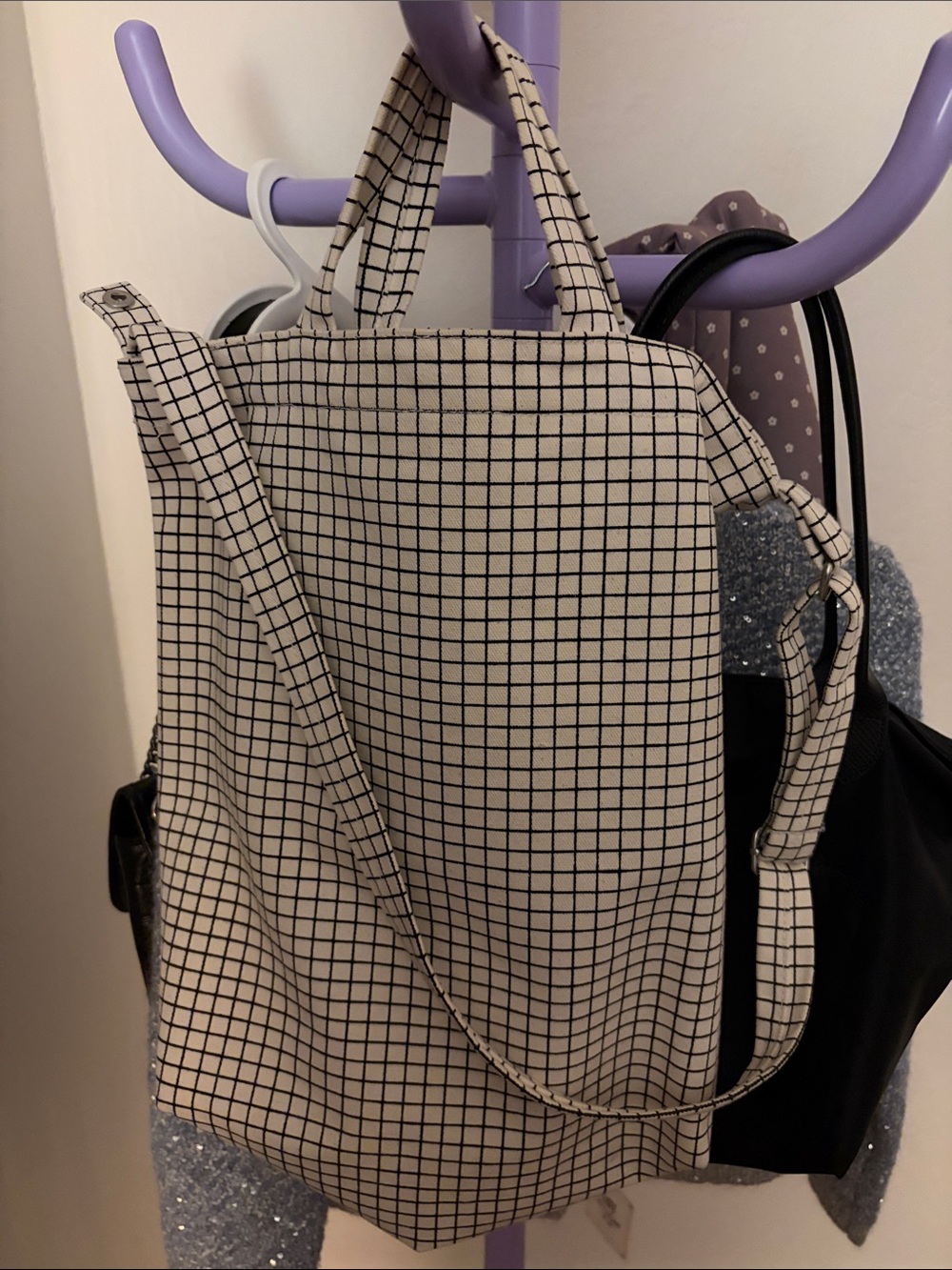 Grid Print Canvas Tote Bag in Cream and Black